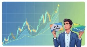 Illustration of Indian stock market lines touching a peak while a calm beginner compares “DCA” and “Lump Sum” options.
